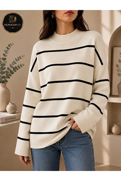 DepoExport Women's Striped Oversize Knitted Sweater