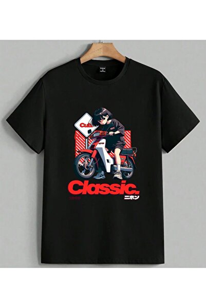 ELFERA Classic Biker Girl Motorcycle Printed Unisex Oversize T-Shirt Black