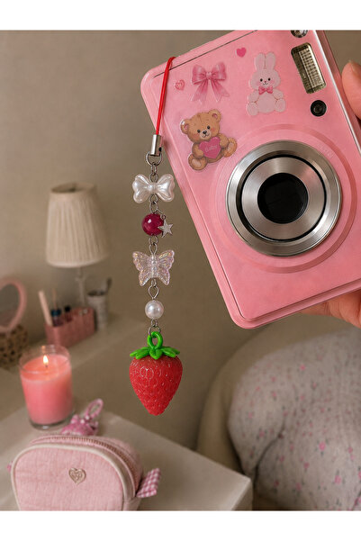 sleyshop Hachi temalı Kırmızı Çilek Fairycore Coquette Telefon ve Kamera Char...