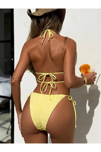 Girlsavm Beaded Textured Yellow Bikini Set