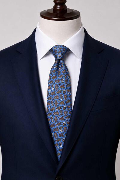 Kravatkolik Blue Shawl Pattern Italian Silk Tie İk2562