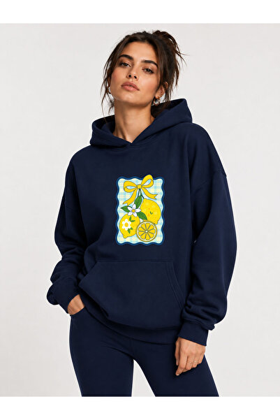 herkesemoda Lemon Printed Hooded 2 Thread Threaded Sweatshirt