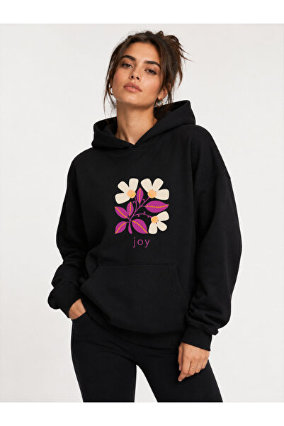 herkesemoda Joy Floral Printed Hooded 2 Thread Threaded Sweatshirt
