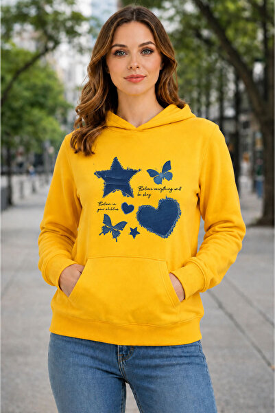 herkesemoda Denim Effect Printed Hooded 2 Thread Threaded Sweatshirt