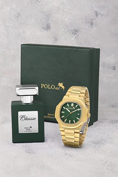 Poloair Takvimli Premium Çift Klipsli Erkek Kol Saati Ve 55 ml Parfüm Seti Go...