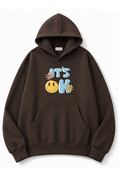 herkesemoda It's Ok Printed Hooded 2 Thread Raster Printed Sweatshirt