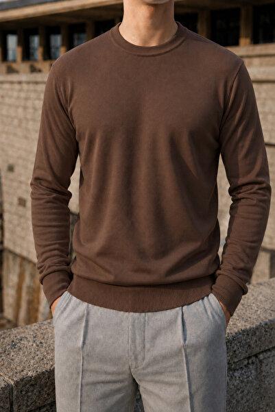 comstar Men's Winter Crew Neck Slim Fit Brown Basic Sweater