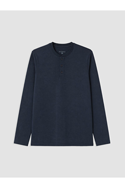 LC Waikiki Navy Blue Henley Collar Long Sleeve Men's Pajama Top
