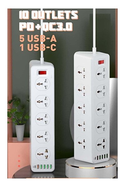 Arabest شريط طاقة بـ 10 مقابس، منفذ شحن سريع متعدد الوظائف، USB-C، سلك طاقة ب...