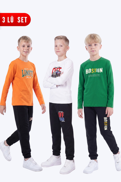 FYK KİDS 3-Piece Boy's Round Neck Top and Bottom Set with Print Detail and El...