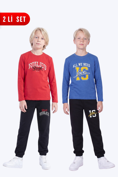 FYK KİDS 2-Piece Boy's Round Neck Printed Detailed 4-Piece Top and Bottom Set...