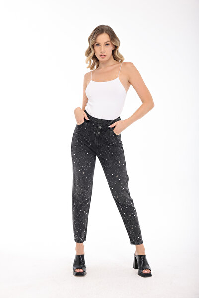 RENGARENG Women's Designer Denim Trousers Black Carrot Cut Jeans with Stone D...