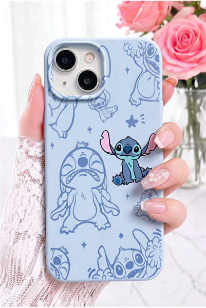 Fibaks iPhone 13/14/15 Kılıf Stitch Desenli Bebe Mavi Kadifemsi Soft Touch Si...