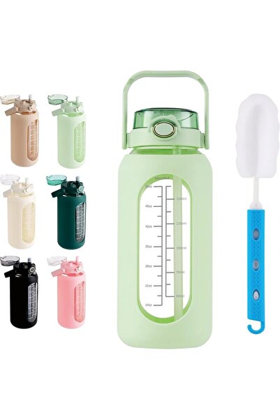 GENERAL PSKIES 64oz Glass Water Bottle with Straw and Handle Lid Half Gallon ...