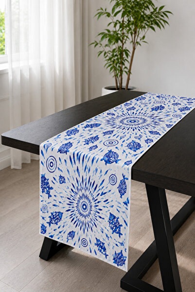 Bebişim Halı Blue Fish and Mandala Patterned Marine Runner Tablecloth 40X140 cm