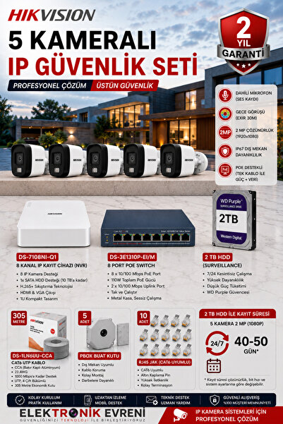 Hikvision 5 Kameralı IP Güvenlik Kamera Seti 2 MP Sesli Gece Görüşlü 2TB HDD ...