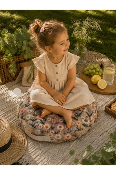 Fifty Home Yuvarlak Piknik Minderi & Piknik yastığı & Puf 37x14 cm | Çıkarıla...