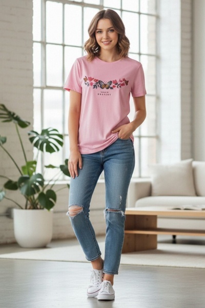 OEM Tricou casual de damă din bumbac cu imprimeu floral și cu fluturi, TG-37