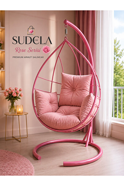 SUDELA Rose Serisi Premium Armut Salıncak | Pembe Metal Gövde | LED & Yapay Ç...