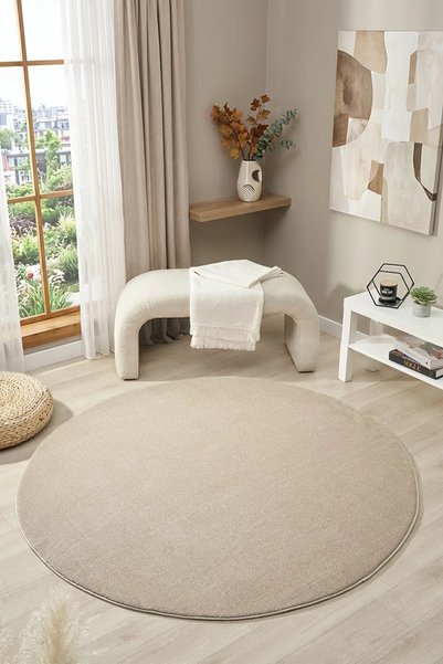 Ellya Home Puffy Yuvarlak Vizon Peluş Halı Yumuşak Dokulu Düz Renk Modern Çoc...