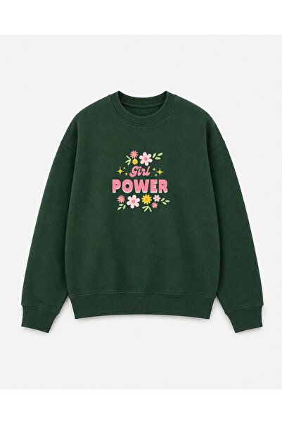 herkesemoda Power Girl Floral Print Detailed Shirred 2 Thread Crew Neck Sweat...