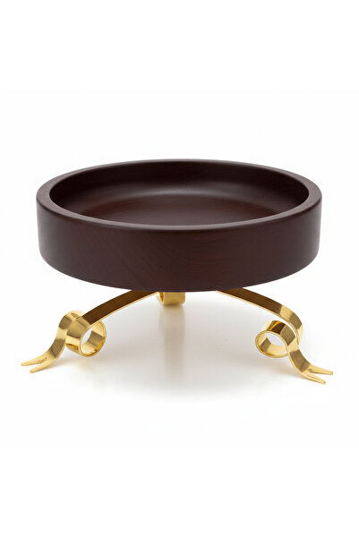 FURSAN Dark Brown Wooden Dates Bowl with Gold Metal Base - 25×15 cm
