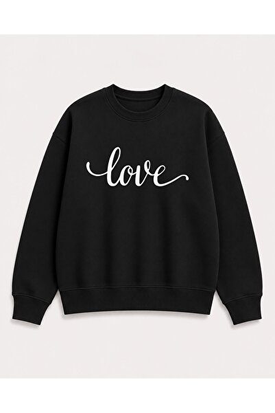 herkesemoda Love Text Print Detailed Embroidered 2 Thread Crew Neck Sweatshirt