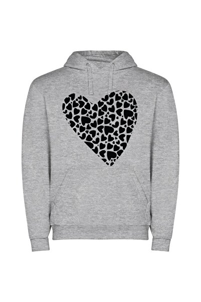 iLovePrints Hearts Unleashed: Black & White Φούτερ με κουκούλα σε χρώμα Γκρι