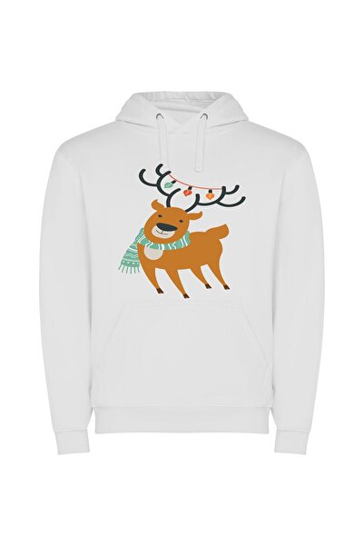 iLovePrints Fashionable Festive Deer Φούτερ με κουκούλα σε χρώμα Λευκό