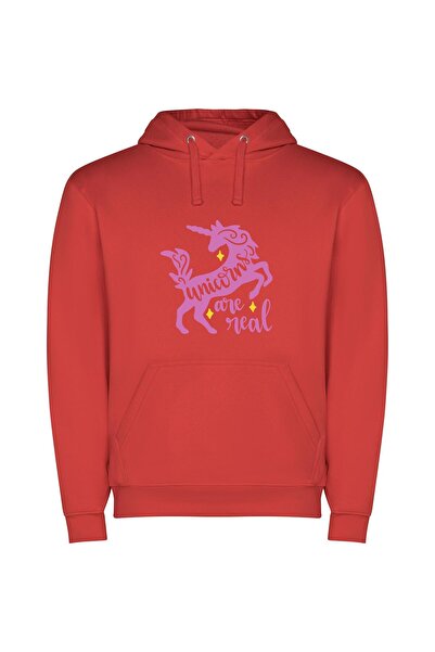 iLovePrints Real Unicorns, Magical Reality Φούτερ με κουκούλα σε χρώμα Κόκκινο