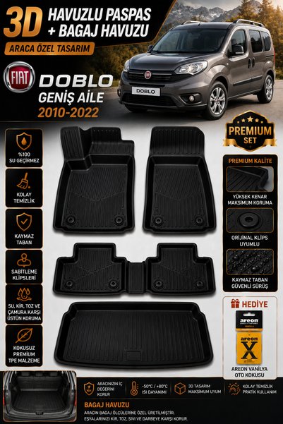 PİNUKS FİAT DOBLO GENİŞ AİLE 2021 MODEL UYUMLU 3D ARACA ÖZEL HAVUZLU PASPAS+B...