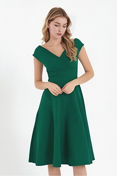 pazarella Women's short sleeve double breasted lapel skirt flounced crepe dress