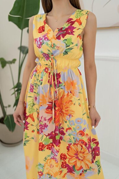 Gökyüzü Moda Yellow Floral Patterned Summer Dress