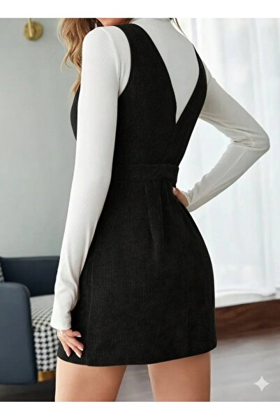 oniks store Women's Strappy V-Neck Front Buttoned Mini Thick Corded Fabric Ve...