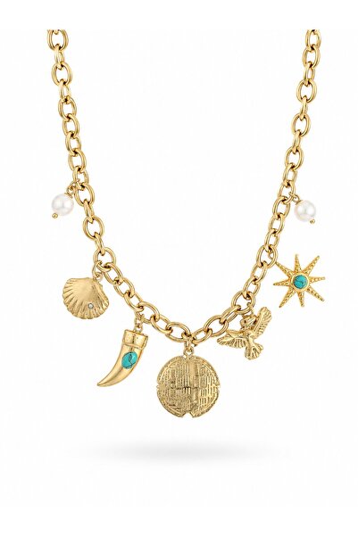 serelya 316L Steel Gold Color Chain Dangle Multi-Shape Model Women's Necklace