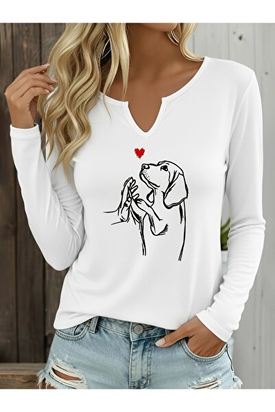 mercoledi Dog Printed Cotton V-Neck Long Sleeve Blouse