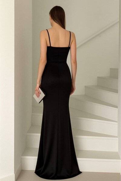 oniks store Women's Diver Fabric V-Neck Slit Detailed Maxi Length Dress