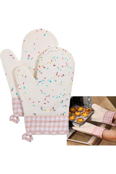 ALMEKAQUZ 1 Pair Kitchen Oven Mitts, Heat Resistant Cooking Gloves for Baking...