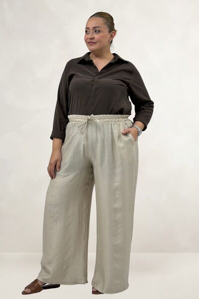 Eslina 69012 Large Size Elastic Waist Wide Leg Double Tensel Pants with Pocke...