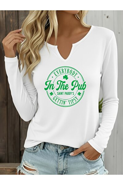 mercoledi Irish Printed Cotton Half V-Neck Long Sleeve Blouse