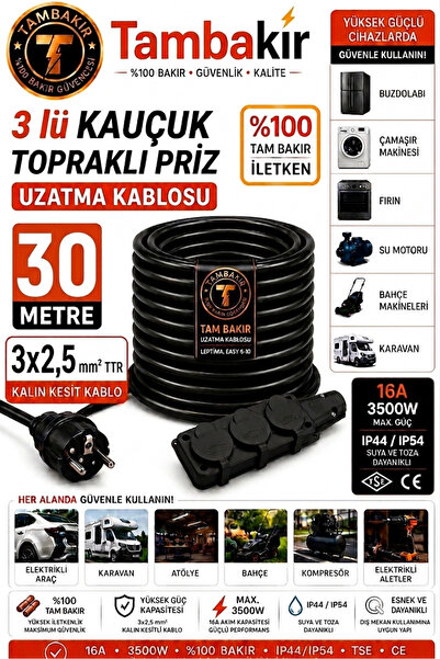 Tambakır 3'lü Kauçuk Topraklı Uzatma Kablosu 5-50 Metre 3x2,5mm TTR Tekli %10...