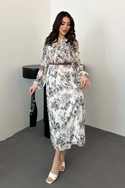 Moda Days فستان نسائي أسود متوسط الطول بأكمام طويلة وياقة قميص وأزرار وطبعة زهور