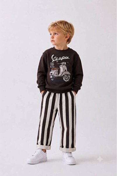 YİGİT BUTİK Boy's Scooter Patterned Striped Top and Bottom Set