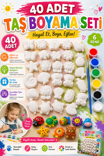 PAMEPAW 40 Adet (3D) Hayvanlar&Çiçekler Taş Boyama Figür Çocuk Gelişimi Boyam...