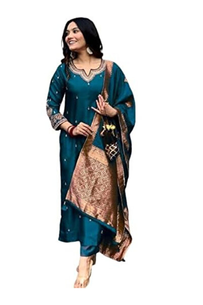 MYSMAR Teal Silk Blend Embroidered Kurta Set - TRT1206 | Teal-Size:L-40-Inches