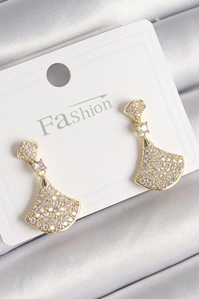DMR Elegance Brass Gold Color Zircon Stone Motif Model Women's Earrings