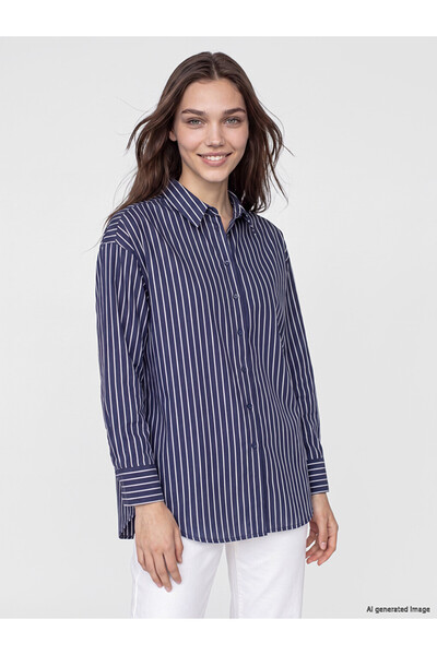 LC Waikiki Navy Blue Striped Oversize Women's Shirt Tunic