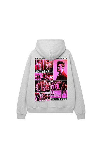 Sekizbiraltı Fight Club Printed Oversize Unisex Light Gray Hoodie