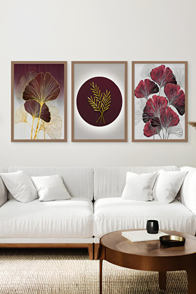 kutuTR Çam Ahşap Çerçeveli 3’lü MDF Tablo Seti – Bordo Gold Yaprak Desenli – ...