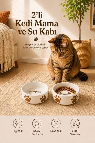 2 Adet Yüksek Kalite (12.5 CM, 400 ML) Seramik Kedi Ve Köpek Mama Su Kabı